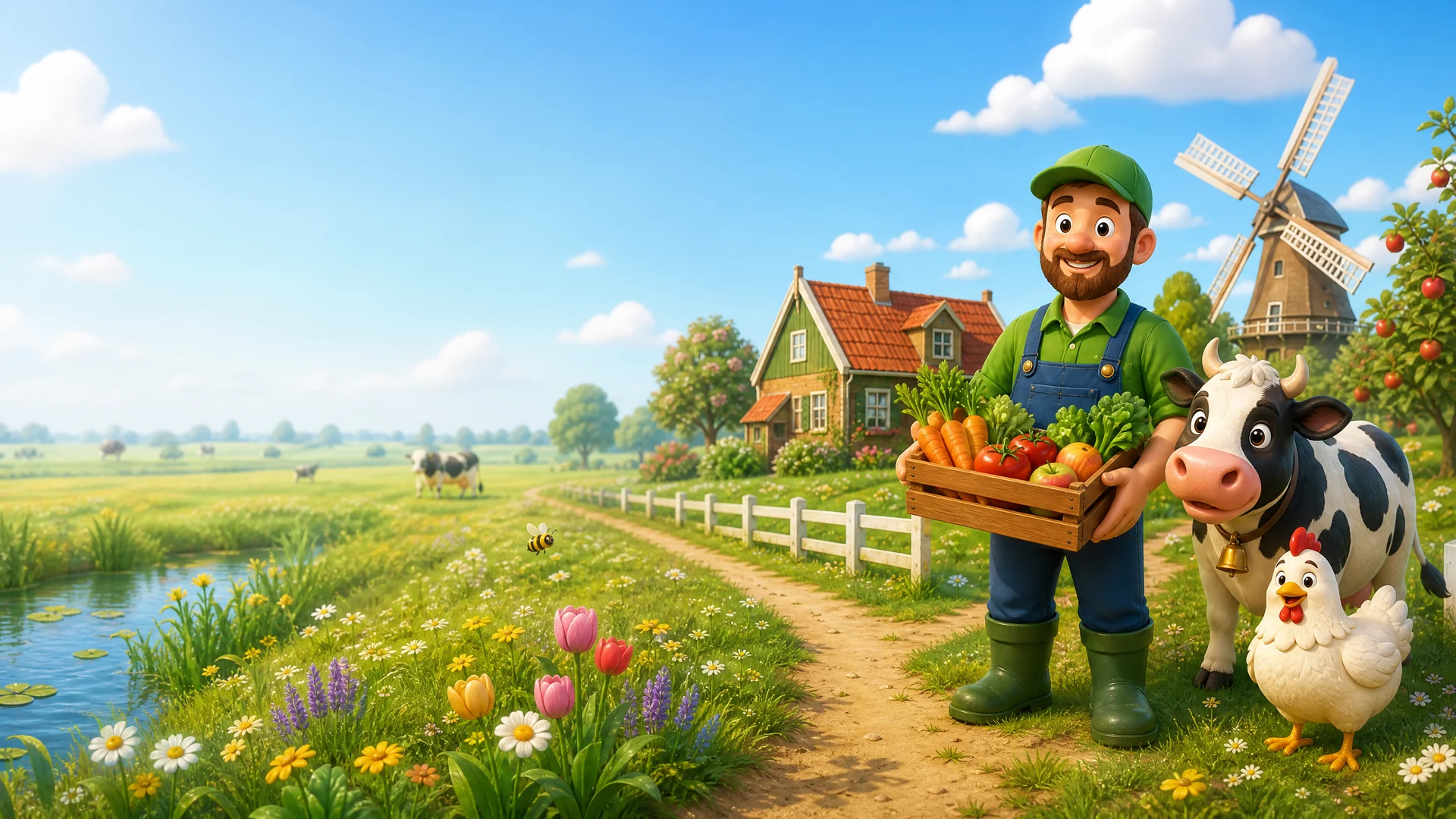 Een vriendelijke boer met verse groenten, een koe en een kip in een zonnig Nederlands landschap