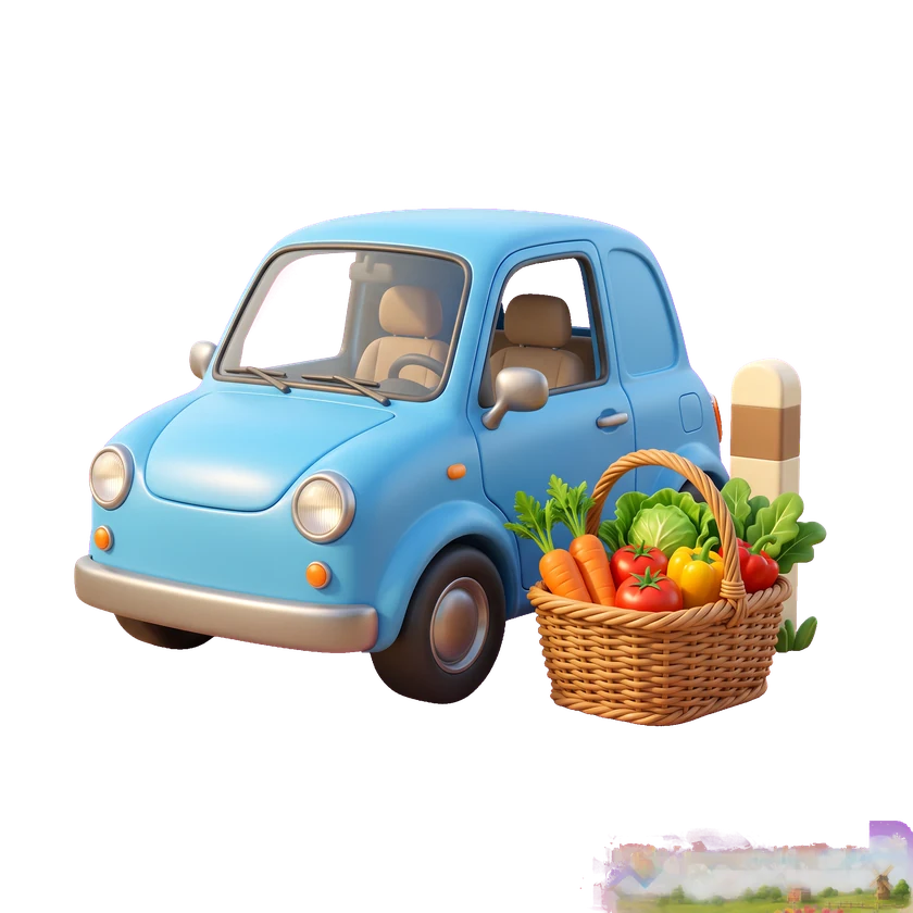 3D-illustratie van een auto met een mand verse producten